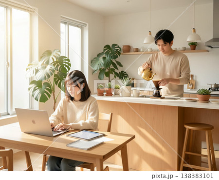 家で仕事をする若い夫婦 138383101
