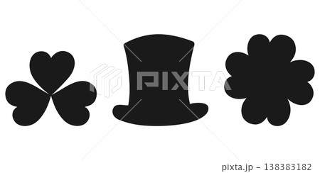 Silhouette of leprechaun hat and clover leaves with four and three petals St Patrick Day element Set. Vector illustration Sticker Icon St Patrick Day Related content, greeting cards, leaflets, banner 138383182