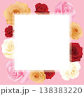 Blank white square frame with roses various colors on pink background 138383220