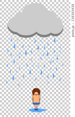 little girl crying alone in the rain with dark cloud transparent background, illustration concept mood and emotion design element. 138383438