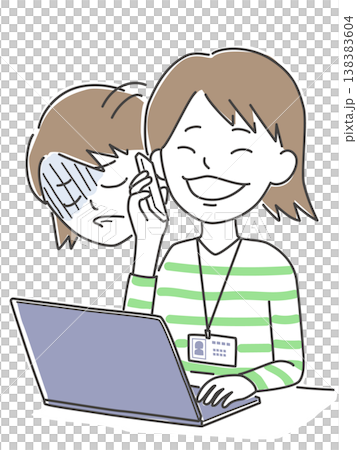 An illustration of a woman working on her computer and smiling while talking to a client on her smartphone, but secretly feeling disheartened. 138383604