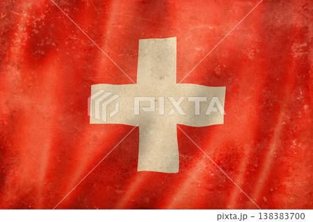 Old vintage flag of Switzerland, worn and stained Old vintage flag of Switzerland, worn and stained 138383700