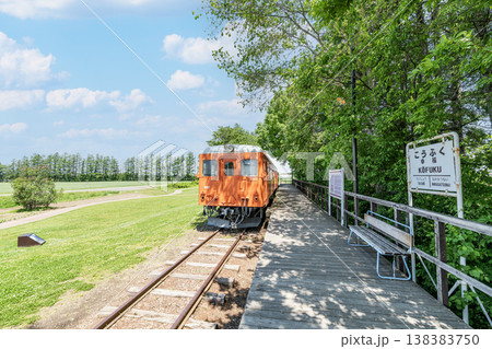 北海道帯広市　旧国鉄広尾線幸福駅に保存されているキハ22系221号機とプラットホーム 138383750