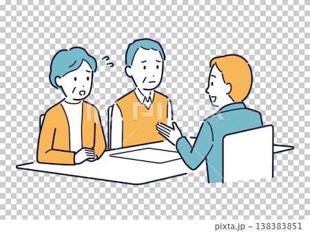 An illustration of an elderly couple discussing a problem. 138383851