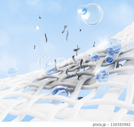 3D dirty white fabric fibers with blue gel liquid laundry detergent drops. Washing powder soap bubbles, bleach for cleaning stains from clothes. Textile background with water spheres. 3D illustration 138383992