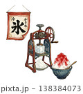 日本画風に描いた、かき氷とレトロなかき氷を削る機械 138384073