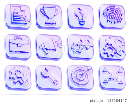 3D hologram glass business icon set - resume, briefcase, loudspeaker, target arrow, cup, wrench gear, fingerprint square button. HR management, identity verification, goal achievement. 3D illustration 138384147