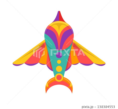 Color festive paper kite with striking yellow and wide wings, purple highlights and teal triangular body with circular ornament. Cartoon vector kids carnival toy in shape of bird or airplane 138384553