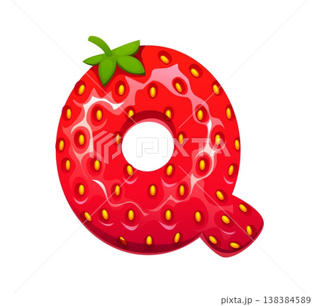 Cartoon strawberry, farm red berry alphabet typeset, font letter Q. Ripe fruit typeset letter, farm strawberry kids ABC typeface vector sign. Forest berry type font symbol 138384589
