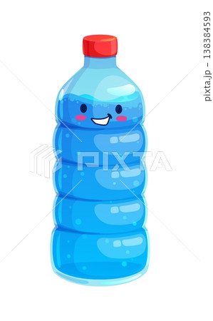 Cartoon water drink. Cute kawaii plastic bottle of water with cheerful friendly face. Vector fresh water drink. Refreshing beverage in container, adorable personage with blushing cheeks and wide grin Cartoon water drink. Cute kawaii plastic bottle of water with cheerful friendly face. Vector fresh water drink. Refreshing beverage in container, adorable personage with blushing cheeks and wide grin 138384593