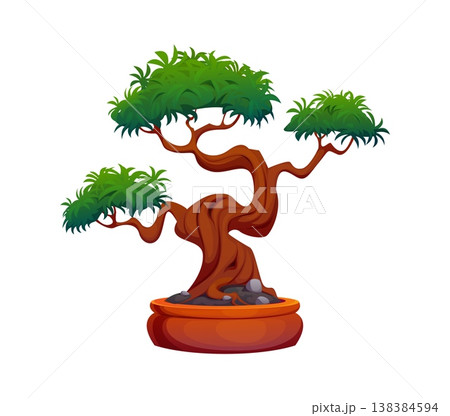 Cartoon Japanese garden bonsai tree plant with twisted trunk, green foliage and miniature branches in ceramic pot with stone and soil. Vector ornamental potted plant, ancient art and zen nature object Cartoon Japanese garden bonsai tree plant with twisted trunk, green foliage and miniature branches in ceramic pot with stone and soil. Vector ornamental potted plant, ancient art and zen nature object 138384594
