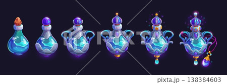 Sea ocean power magic game rank badge, level progress stage. Fantasy RPG game magic powers flasks with blue elixir or potion cartoon vector badge. Arcade progress award, achievement rank icon 138384603