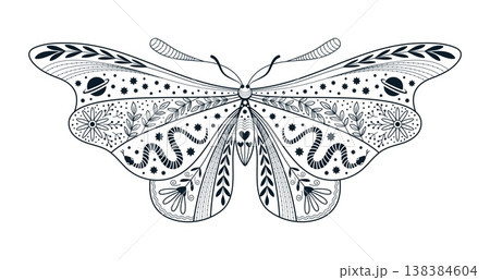 Mystic celestial moth night bug tattoo or print. Esoteric butterfly print, magic insect vector silhouette. Night mystery moth decorative sticker with snakes, floral ornament, space planet and stars Mystic celestial moth night bug tattoo or print. Esoteric butterfly print, magic insect vector silhouette. Night mystery moth decorative sticker with snakes, floral ornament, space planet and stars 138384604
