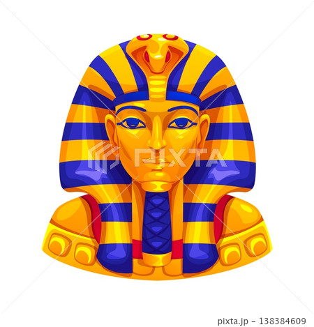 Ancient Egyptian game pharaoh mask icon with golden face and striped headdress. Golden burial Tutankhamun mask of ancient Egyptian treasures. Egypt bust Cartoon vector mummy artifact, historical item 138384609