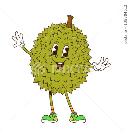 Cartoon funny groovy durian character. Smiling durian in green sneakers with funky 1970s psychedelic vibe. Retro vector mascot for Y2K posters, summer themes, or playful personages 138384612