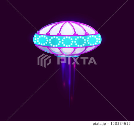 Cartoon UFO or unidentified flying object saucer for game asset, vector icon. Extraterrestrial spaceship or Martian alien spacecraft rocket from outer space or fantasy galaxy world for UFO game icon 138384613