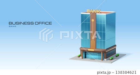 3D bank or office building isometric icon with glass facade, vector architecture object. Business office with bank sign, modern technology building of financial center for isometric architecture 138384621
