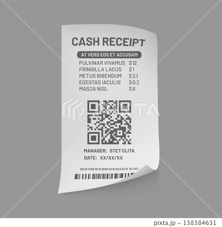 Paper cash receipt with barcode, purchase slip of payment bill, vector realistic isolated mockup. Paper cash receipt with QR code and items price and payment details for shop or store receipt template Paper cash receipt with barcode, purchase slip of payment bill, vector realistic isolated mockup. Paper cash receipt with QR code and items price and payment details for shop or store receipt template 138384631