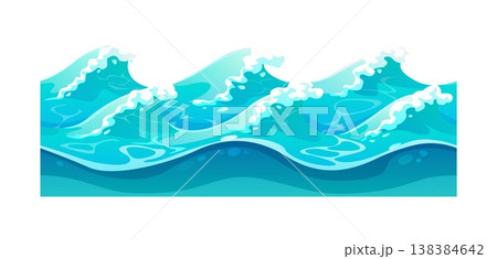 Game layer of water with blue ocean waves with white foam. Cartoon vector sea stream with curve elements and textured surface. Marine waves with ripple for storm and tsunami symbols Game layer of water with blue ocean waves with white foam. Cartoon vector sea stream with curve elements and textured surface. Marine waves with ripple for storm and tsunami symbols 138384642