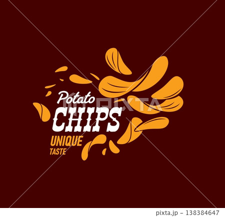 Crispy fried potato chips icon with flying slices around bold typography. Vector modern fast food emblem, tasty snack label for product packaging with salty and crunchy junk chips street fastfood Crispy fried potato chips icon with flying slices around bold typography. Vector modern fast food emblem, tasty snack label for product packaging with salty and crunchy junk chips street fastfood 138384647