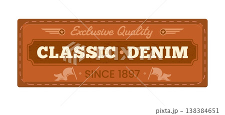 Clothing classic brown rectangle leather patch or label. Denim jeans vintage badge, clothing retro vector tag. Apparel classic brown rectangle patch with handwritten typography, thread seam and flags Clothing classic brown rectangle leather patch or label. Denim jeans vintage badge, clothing retro vector tag. Apparel classic brown rectangle patch with handwritten typography, thread seam and flags 138384651