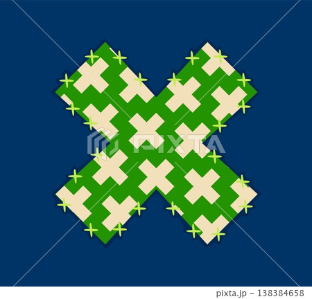 Cartoon patch font letter X, patchwork typeface, motley abc English alphabet type as fabric patchwork with stitched edges and cross pattern. Creative vector multiplication sign as textile cloth piece Cartoon patch font letter X, patchwork typeface, motley abc English alphabet type as fabric patchwork with stitched edges and cross pattern. Creative vector multiplication sign as textile cloth piece 138384658