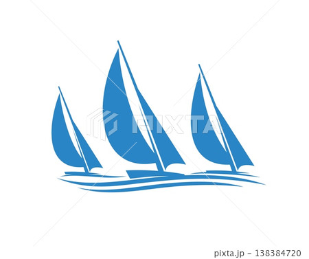 Sail yachts on regatta icon for yachting sport club with sailboats on waves, vector badge. Three yachts sailing on ocean or sea waves, blue silhouettes symbol for marine or nautical sport club Sail yachts on regatta icon for yachting sport club with sailboats on waves, vector badge. Three yachts sailing on ocean or sea waves, blue silhouettes symbol for marine or nautical sport club 138384720