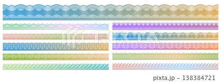 Rainbow security guilloche border frames and dividers, money currency watermark line ornament. Intricate security borders with circles, and spiral motifs. Vector dividers for document borders Rainbow security guilloche border frames and dividers, money currency watermark line ornament. Intricate security borders with circles, and spiral motifs. Vector dividers for document borders 138384721