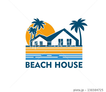 Palm beach house icon for tropical resort bungalow or hotel apartments, vector emblem. Travel and vacation accommodation or coastal real estate company badge for beach house with palms and sea waves 138384725