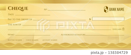 Paper bank check and payment cheque, blank checkbook paycheck, donate and charity template. Professional blank check featuring security patterns. Detailed vector illustration for education material 138384729