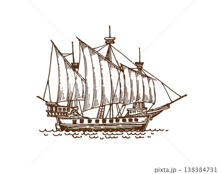 Vintage pirate sail ship and sailboat, European wooden galleon and warship sketch. Vector detailed sketch of a historic pirate vessel with vintage charm for historical designs, nautical graphics 138384731