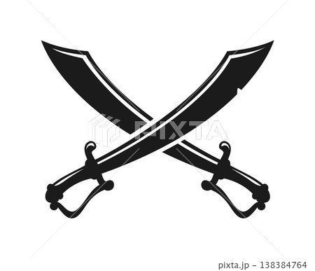 Crossed pirate saber sword silhouette icon with curved corsair blades. Black vector pirate weapon isolated classic cutlass emblem for buccaneer and sea robber symbol, sharp battle daggers cross emblem 138384764