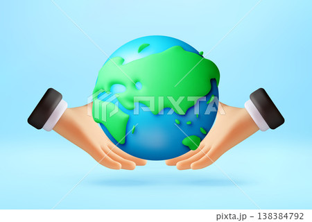 3D Cartoon hands holding Earth globe. 138384792