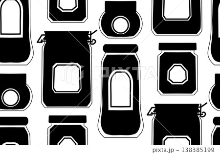 Vector seamless pattern with black silhouette of jars on white background. Monochrome texture with bottles and flasks 138385199