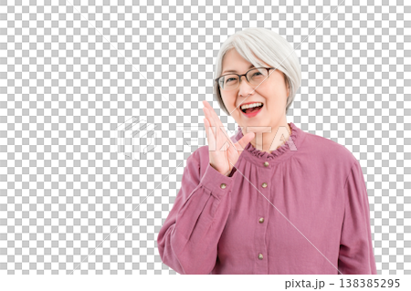 微笑的灰白頭髮的老婦人(溝通、低語、推薦、討價還價、重視) 微笑的灰白頭髮的老婦人(溝通、低語、推薦、討價還價、重視) 138385295