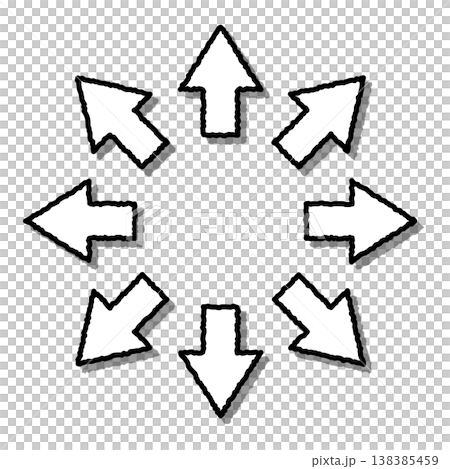 立体感のある影がついた手書き風の8方向矢印セット 立体感のある影がついた手書き風の8方向矢印セット 138385459