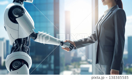 ビジネス街のオフィスでスーツ姿の女性とAIロボットが握手　AI協働ビジネス、業務効率化、DXイメージ 138385585