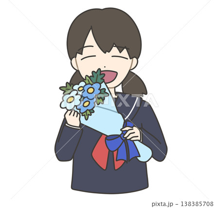 笑顔で青い花束を持つセーラー服の女の子 138385708
