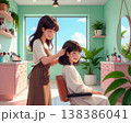 笑顔でカットする美容師 138386041
