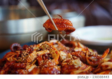 Korean Spicy Stir-fried Webfoot Octopus with Vegetables on Rice Bowl Korean Spicy Stir-fried Webfoot Octopus with Vegetables on Rice Bowl 138386443