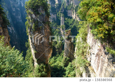 Awesome view of natural quartz sandstone pillars of the Tianzi Mountains (Avatar Mountains) in the Zhangjiajie National Forest Park ( Wulingyuan), Hunan Province, China. Fabulous landscape.this 138386568