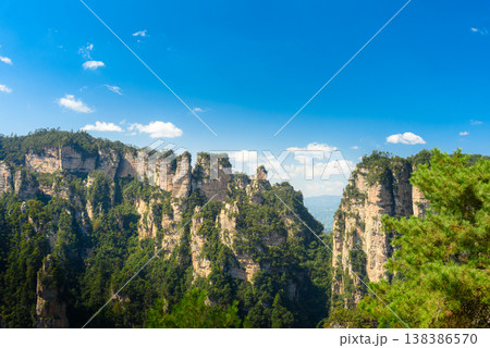 Awesome view of natural quartz sandstone pillars of the Tianzi Mountains (Avatar Mountains) in the Zhangjiajie National Forest Park ( Wulingyuan), Hunan Province, China. Fabulous landscape.this 138386570