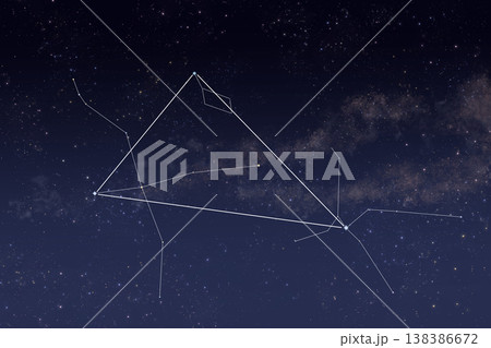 夏の大三角と三星座の星座線・三角形ガイド背景 138386672