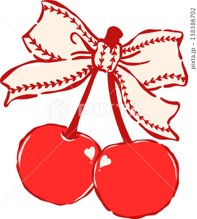 Coquette Cherries with Baseball Ribbon Bow Whimsical Hand Drawn 138386702