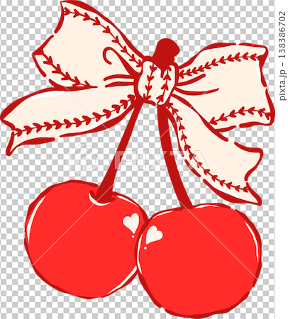 Coquette Cherries with Baseball Ribbon Bow Whimsical Hand Drawn 138386702