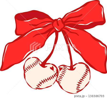 Coquette Baseball Cherry Heart Shaped with Red Bow Whimsical Hand Drawn Coquette Baseball Cherry Heart Shaped with Red Bow Whimsical Hand Drawn 138386703