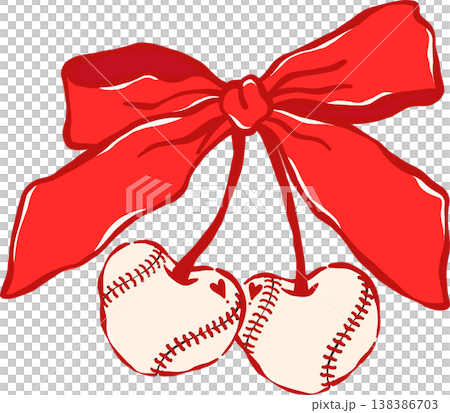 Coquette Baseball Cherry Heart Shaped with Red Bow Whimsical Hand Drawn Coquette Baseball Cherry Heart Shaped with Red Bow Whimsical Hand Drawn 138386703
