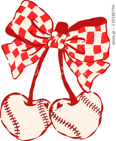 Coquette Baseball Cherry Heart Shaped with Red Checkered Bow Whimsical Hand Drawn 138386704