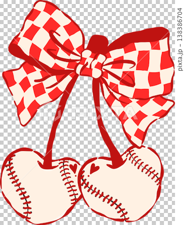 Coquette Baseball Cherry Heart Shaped with Red Checkered Bow Whimsical Hand Drawn Coquette Baseball Cherry Heart Shaped with Red Checkered Bow Whimsical Hand Drawn 138386704