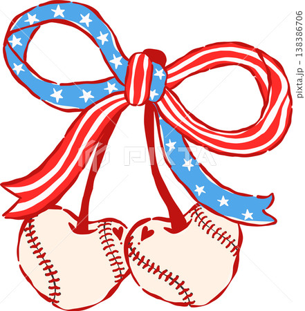 Coquette Baseball Cherry Heart Shaped with Patriotic Bow Whimsical Hand Drawn Coquette Baseball Cherry Heart Shaped with Patriotic Bow Whimsical Hand Drawn 138386706
